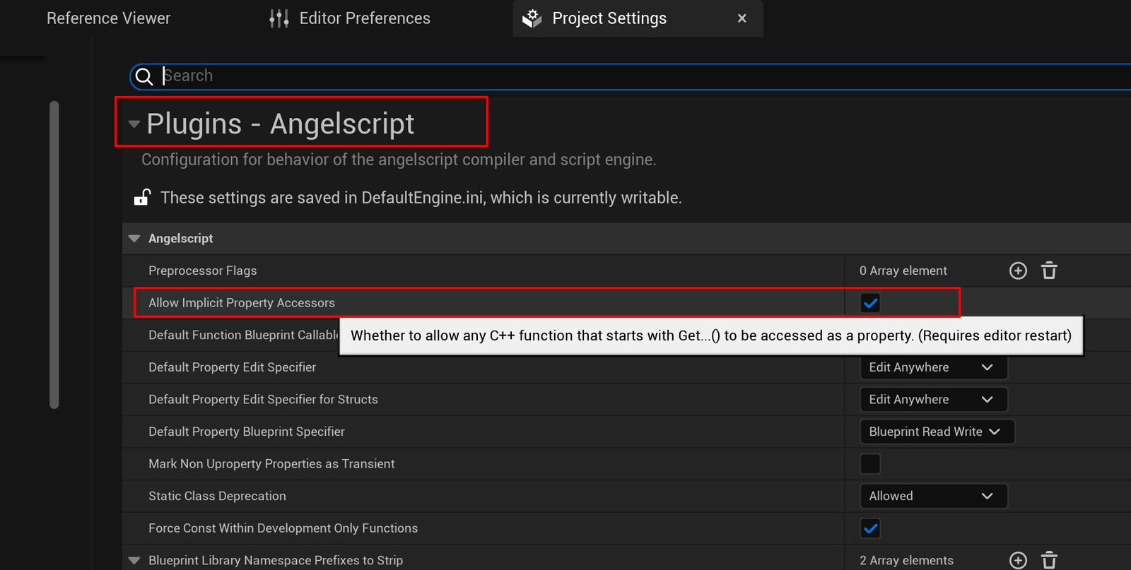 Project settings for property access