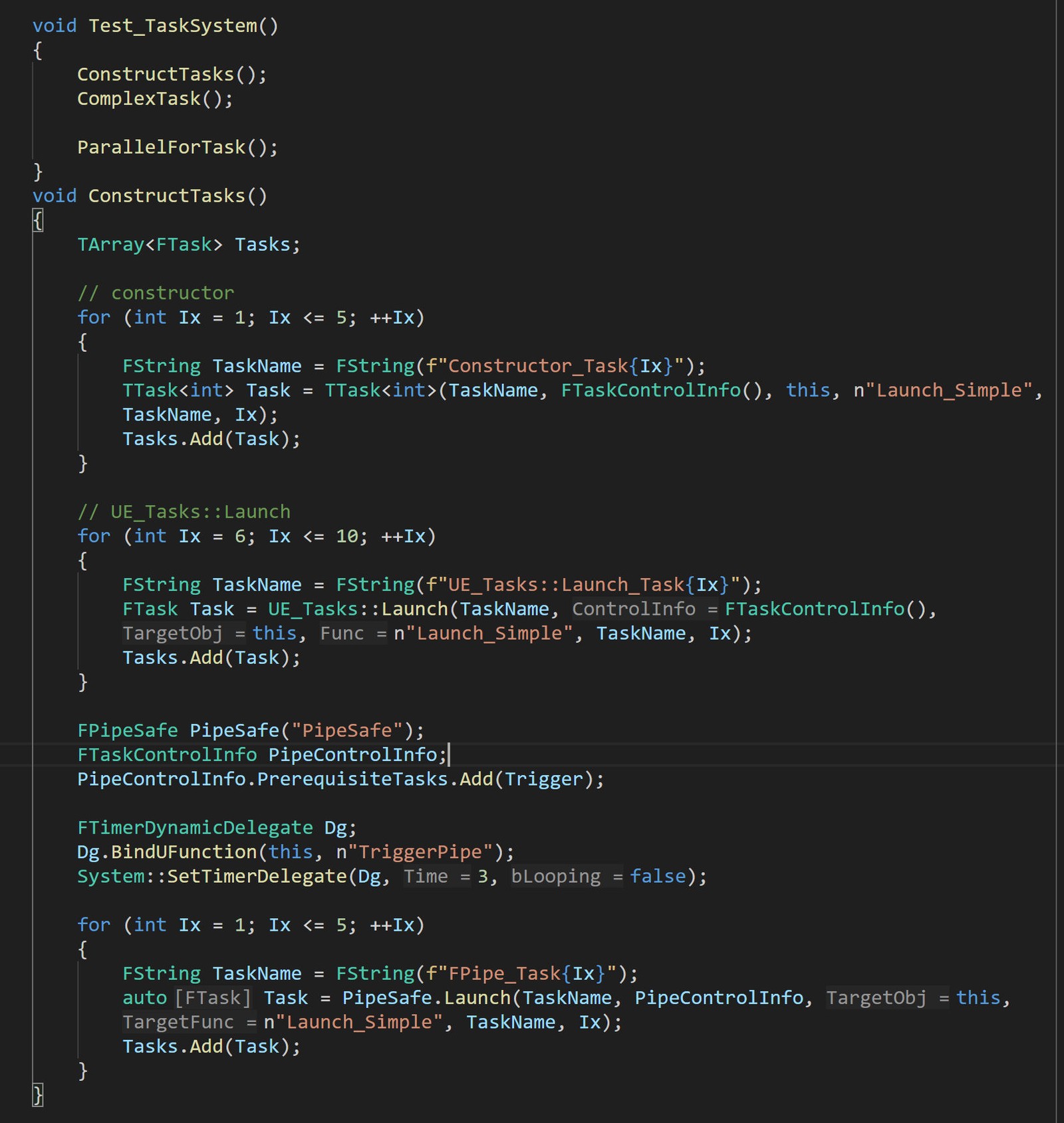 UE task construction and launch code