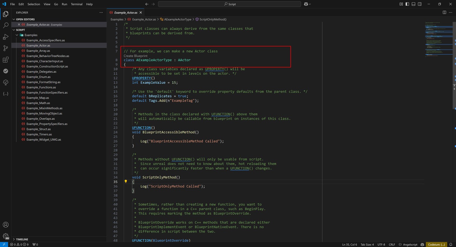 Example actor class in VS Code