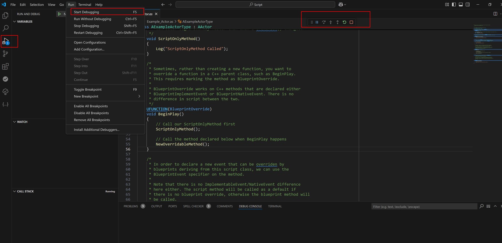 VS Code debug menu