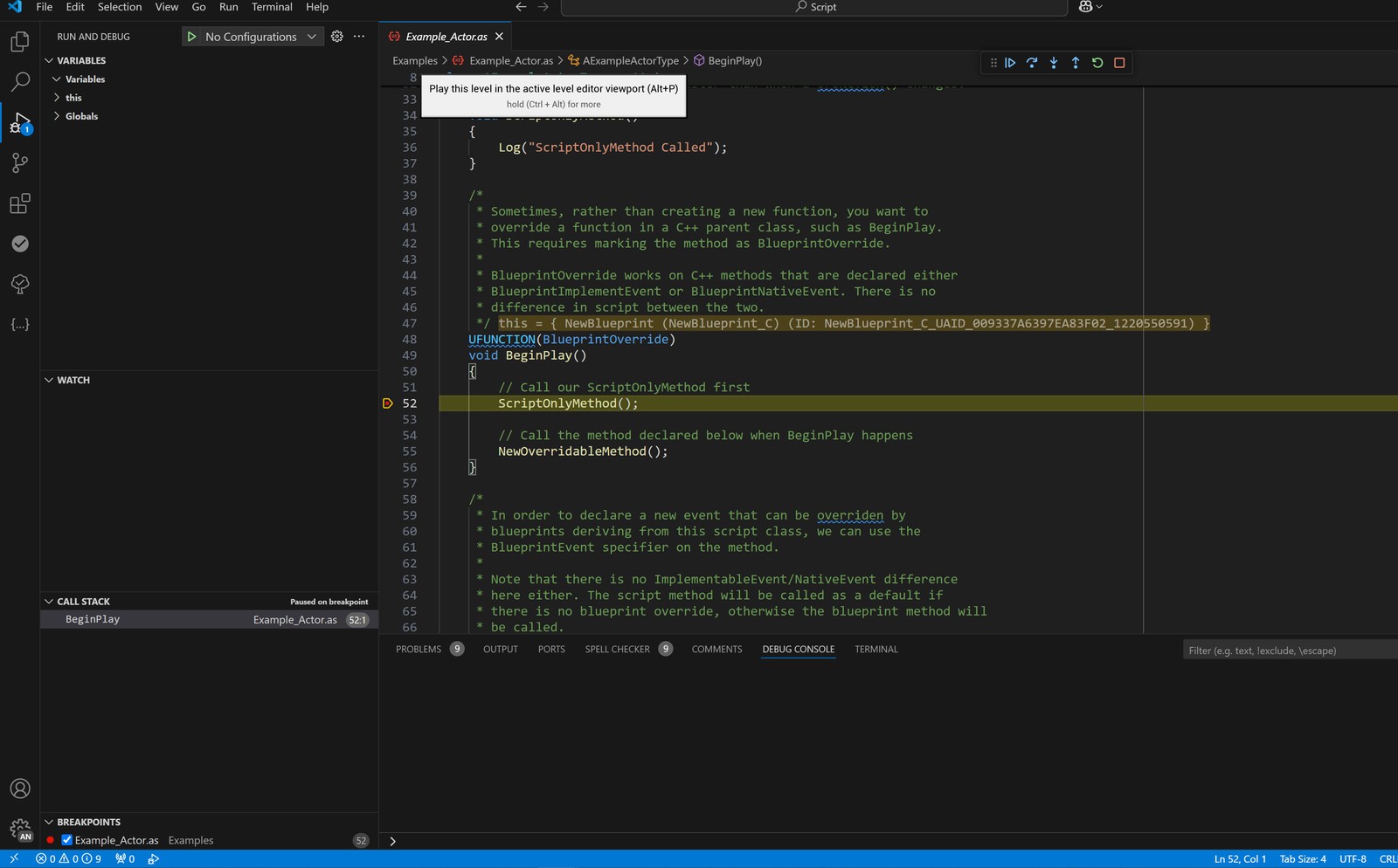Paused script breakpoint in VS Code