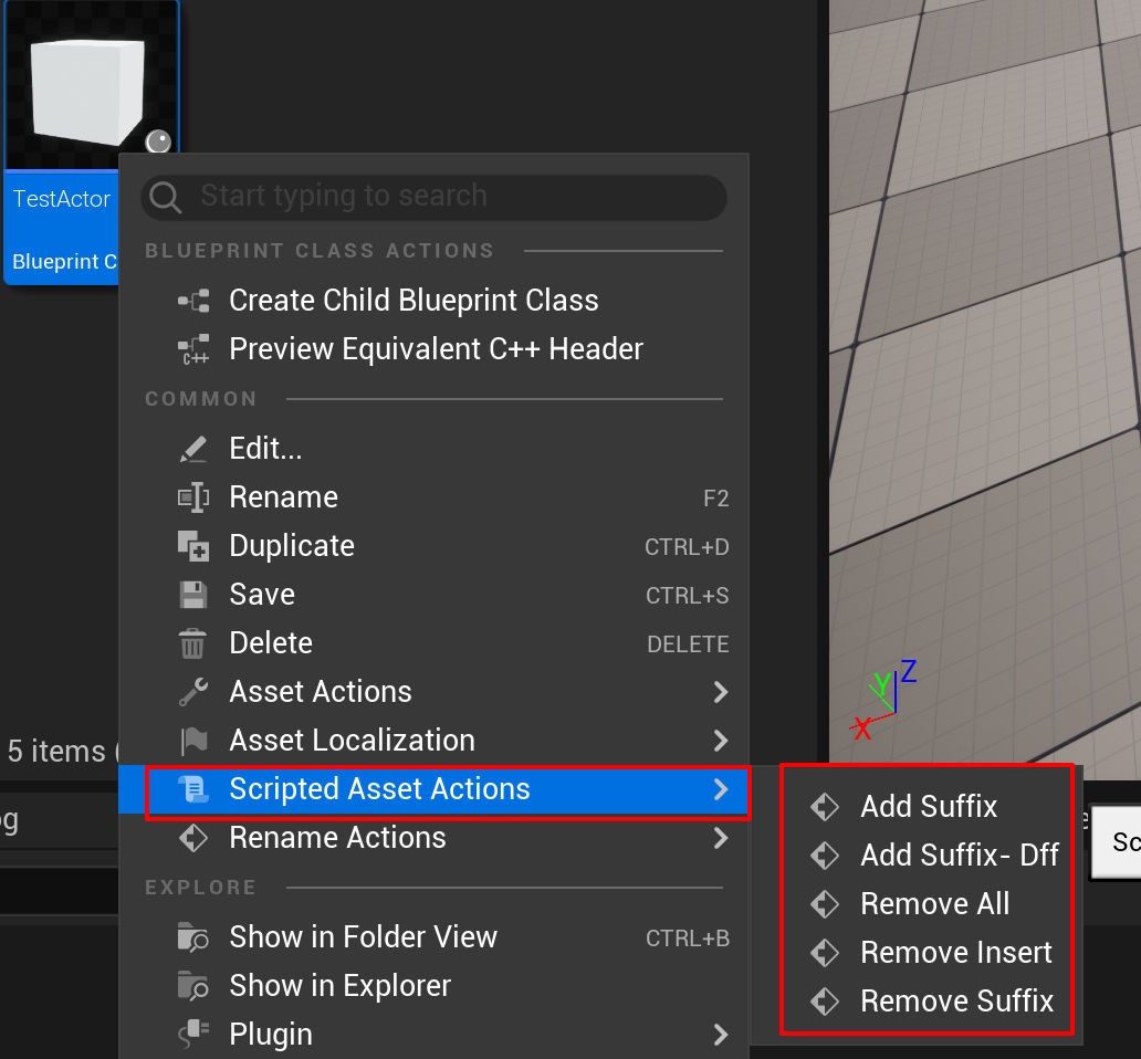 Scripted asset actions menu