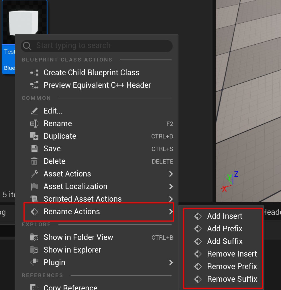 Asset-renaming actions menu
