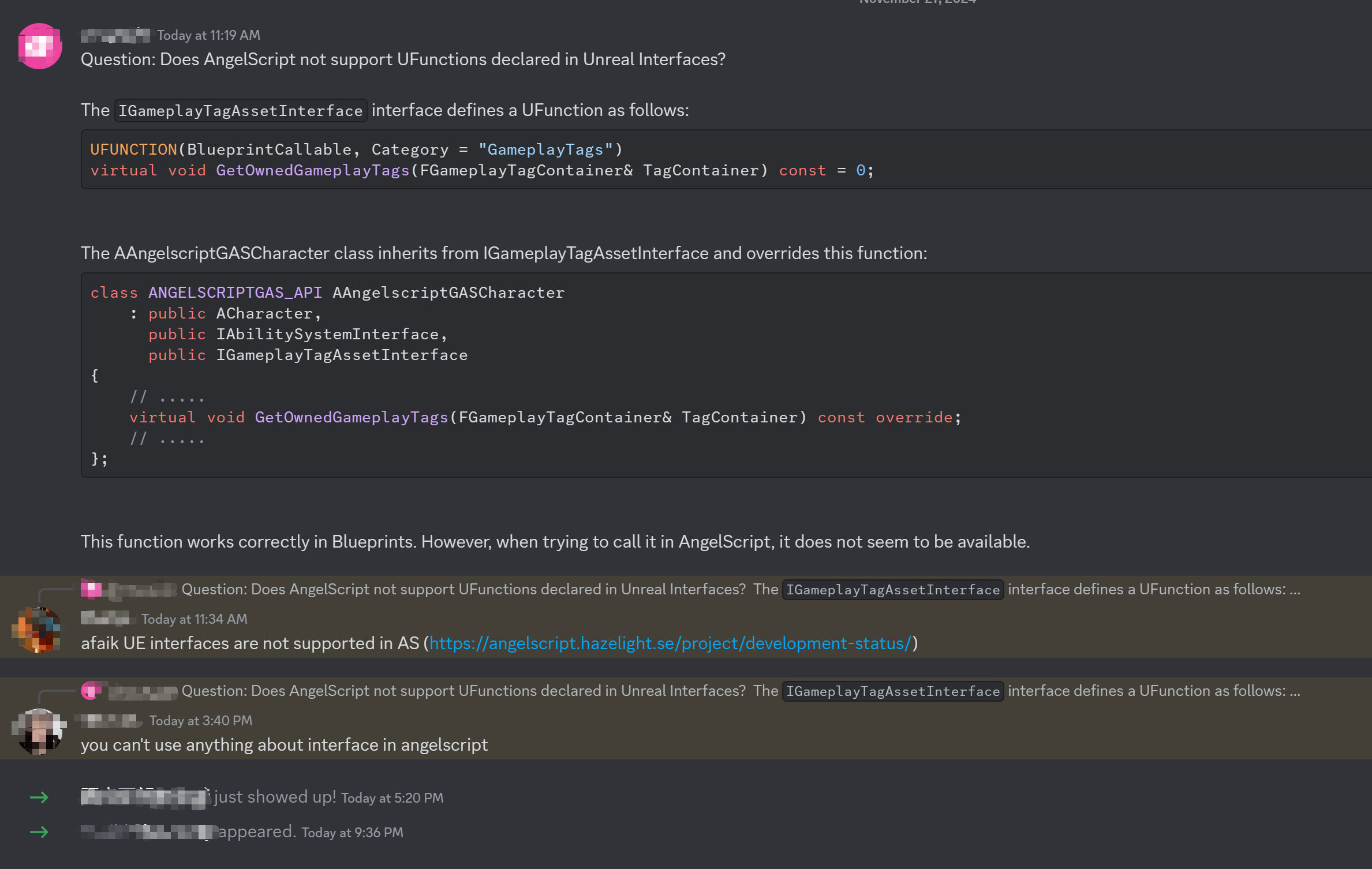 Discord discussion about AngelScript support for Unreal Interfaces